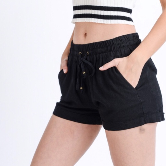 Black Linen Drawstring Stretch Waistband Shorts! - Picture 4 of 9